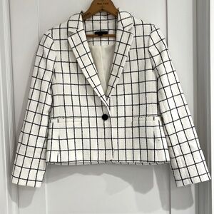 J. Crew ivory and navy windowpane cropped jacket.